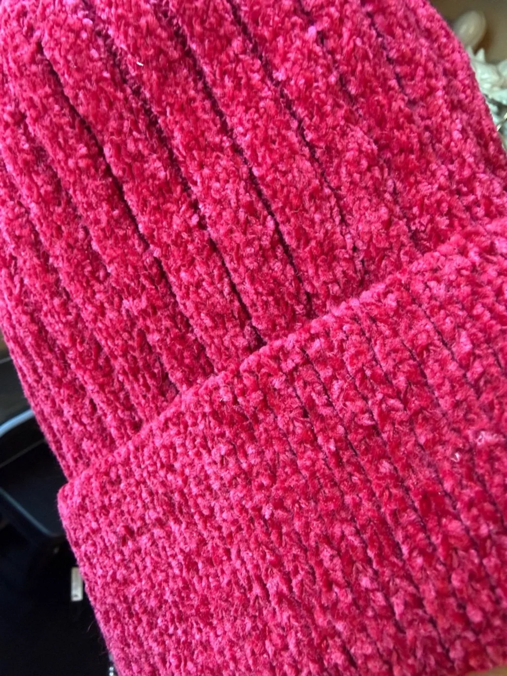 Cranberry Red Chenille Ribbed Knit Beanie Faux Fur Pom Pom Winter Hat OS